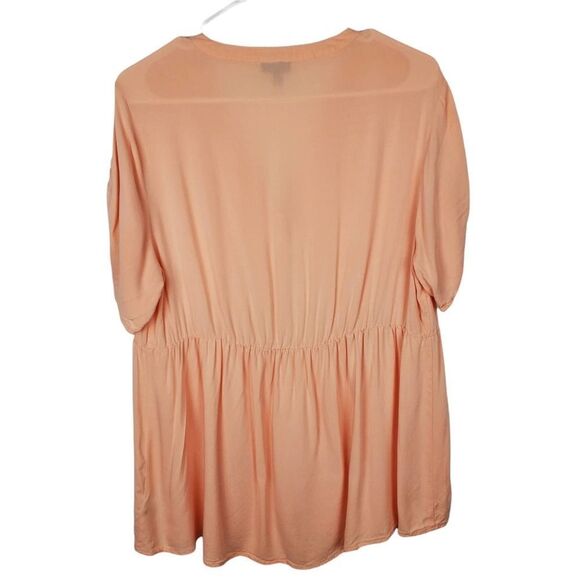 Torrid PEACH CHALLIS TIE SLEEVE BABYDOLL TOP Blouse Button Down Hi Low V Neck - Picture 8 of 9